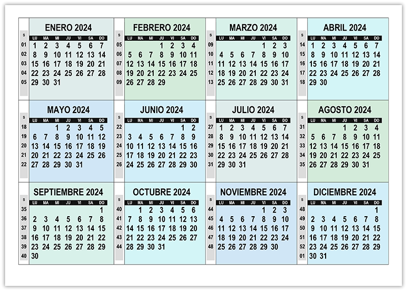Calendario 2024 con números de semana para imprimir