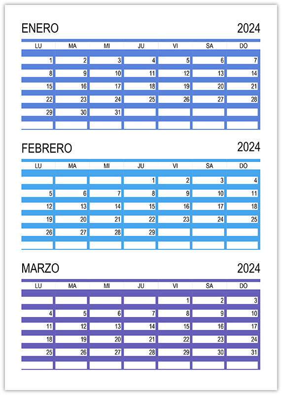Calendario enero, febrero, marzo 2024 Calendario enero, febrero, marzo 2024
