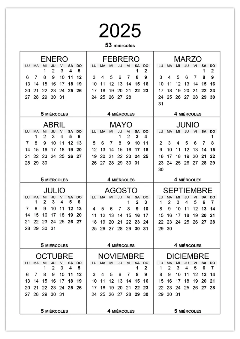 Cuántos miércoles hay en 2025