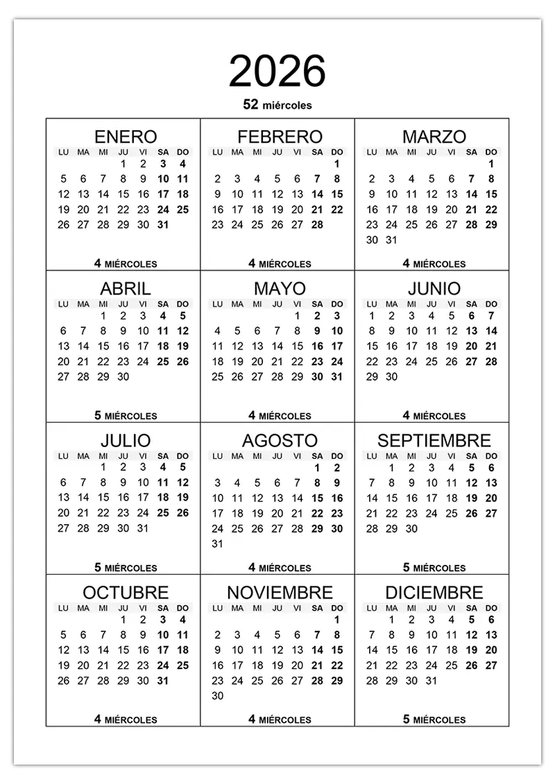 Cuántos miércoles hay en 2026