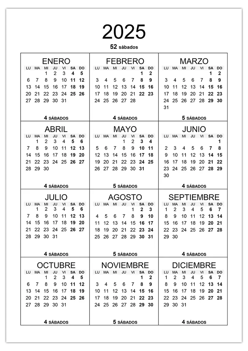 Cuántos sábados hay en 2025